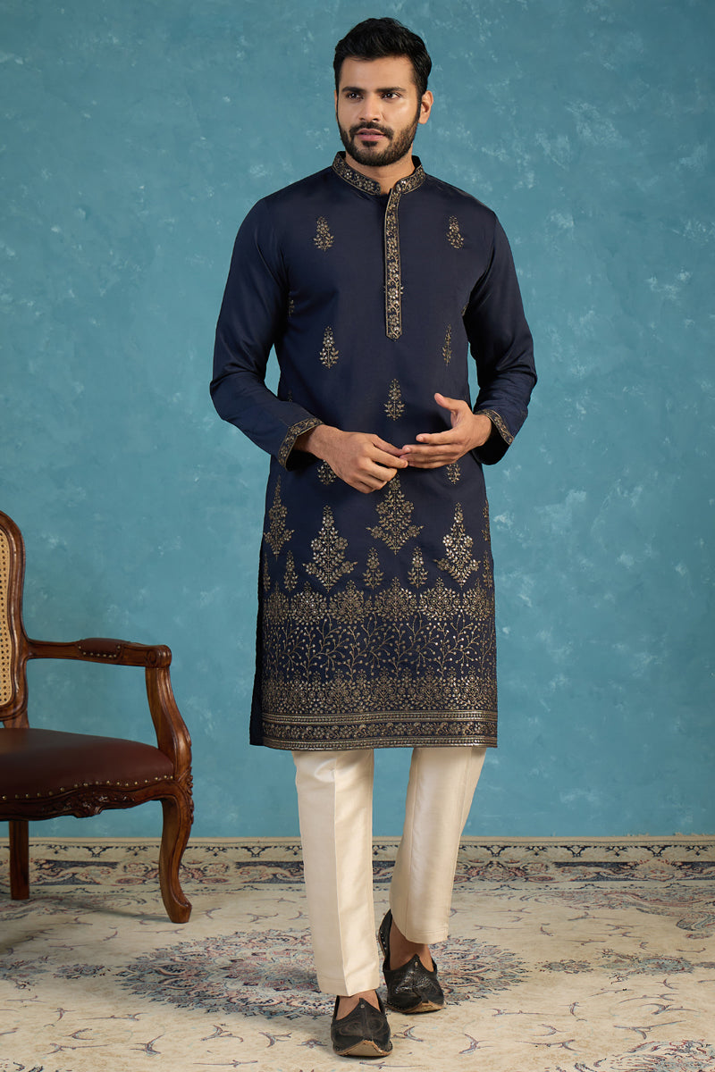 Blue Silk Blend Embroidered Straight Kurta MKU2122