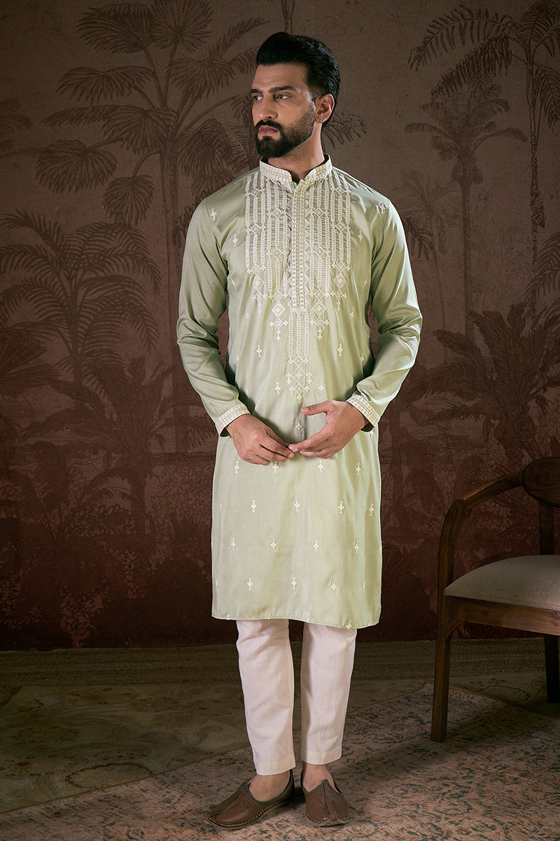 Green Silk Blend Solid Embroidered Straight Kurta With Trouser MKSET1787