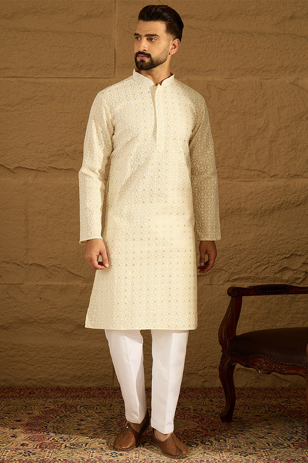 Off White Cotton Solid Printed Straight Kurta MKU1701