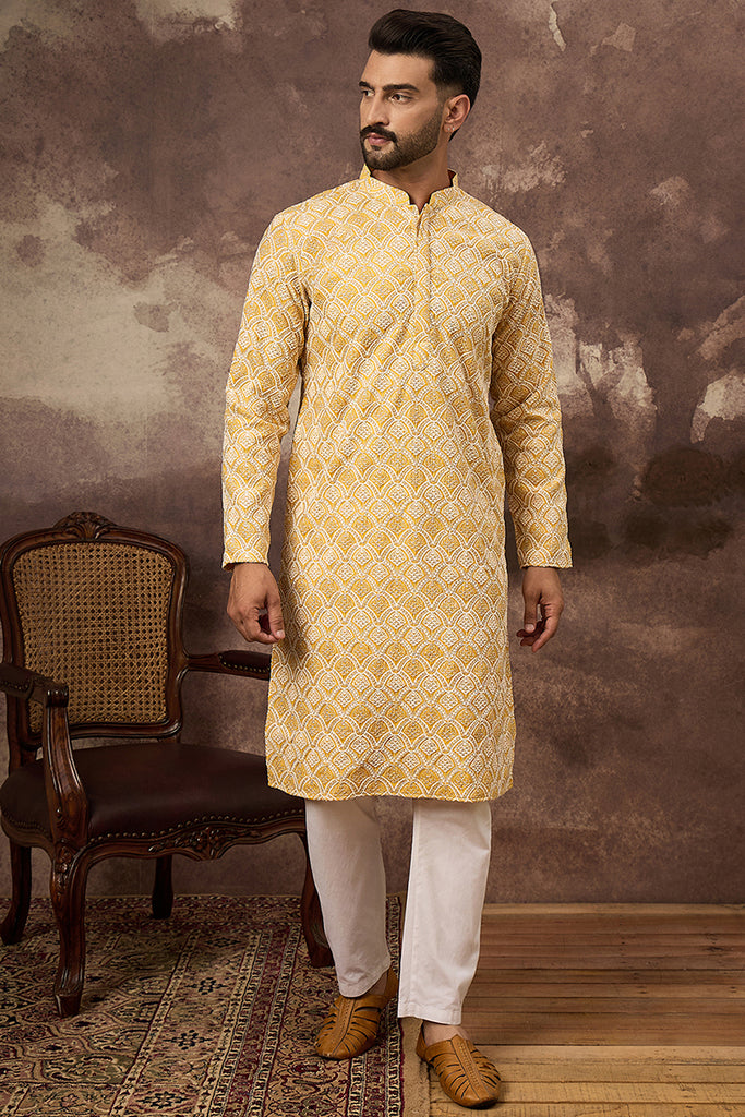 Yellow Viscose Rayon Solid Embroidered Straight Kurta with Trouser MKSET1385