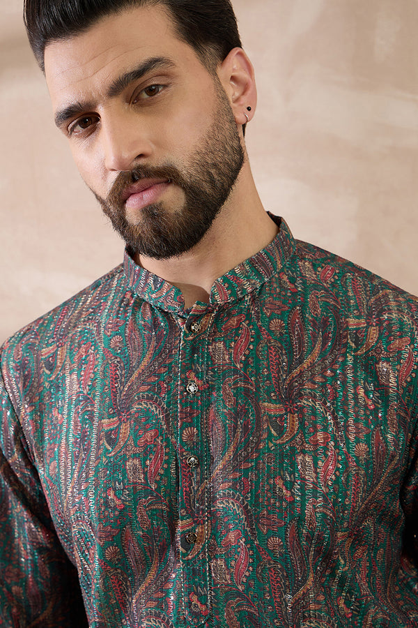 Green Silk Blend Printed Mandarin Collar Straight Kurta With Trouser MKSET2050