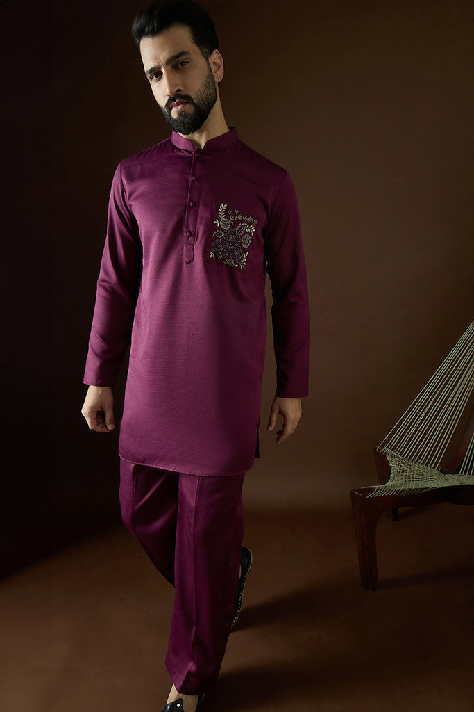 Purple Silk Blend Solid Embroidered Kurta With Trouser MKSET2056