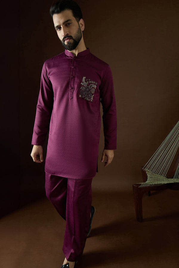 Purple Silk Blend Solid Embroidered Kurta With Trouser MKSET2056