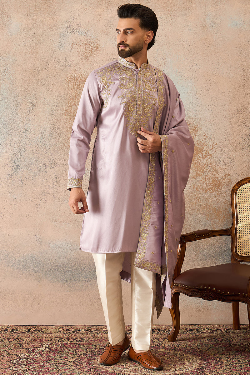 Lavender Zari Embroidered Silk Blend Kurta with Trousers & Dupatta MKPD1047