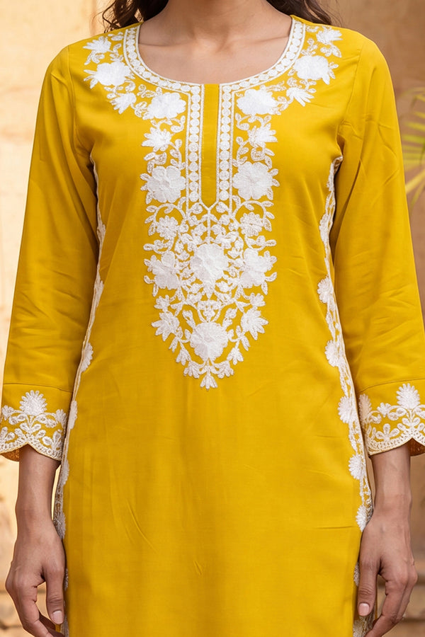 Yellow Viscose Rayon Solid Embroidered Regular Kurta VCK9816
