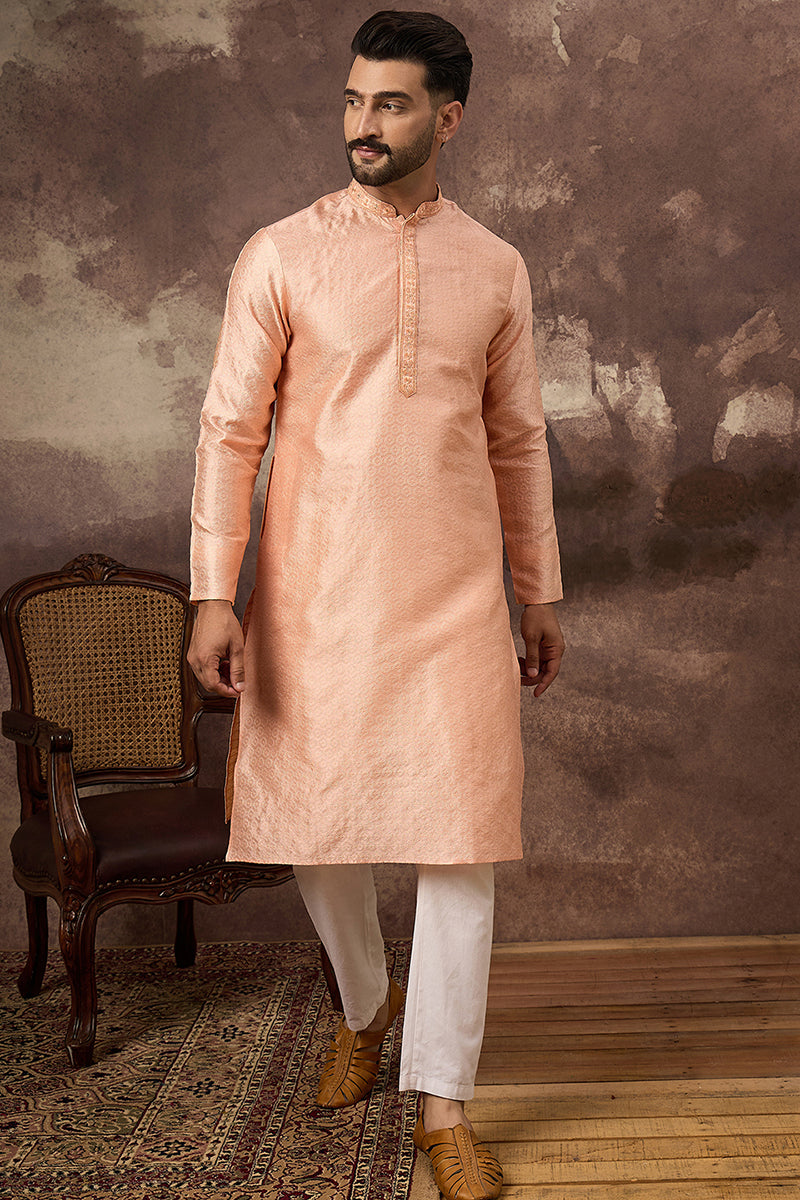 Peach Silk Blend Solid Woven Design Straight Kurta MKU1322