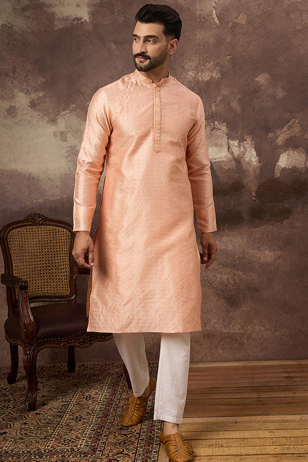Peach Silk Blend Solid Woven Design Straight Kurta MKU1322