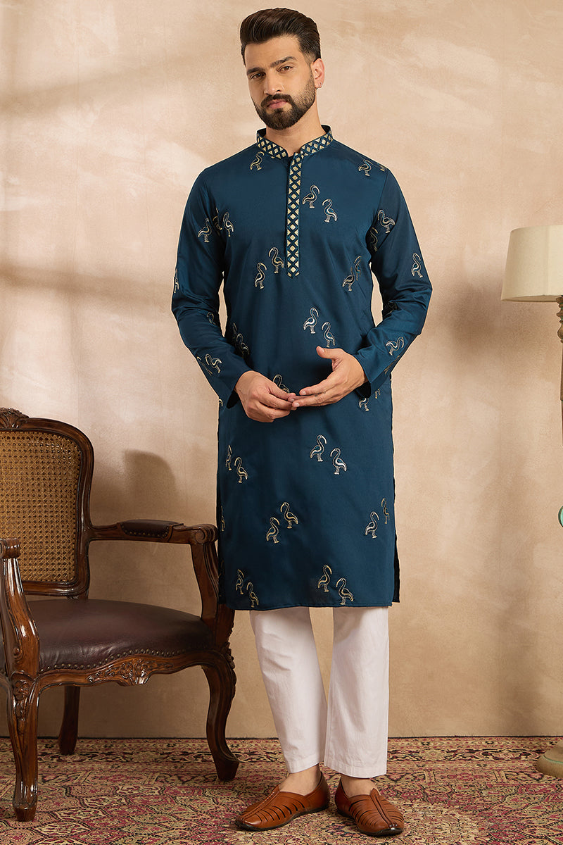Navy Blue Silk Blend Solid Embroidered Straight Kurta With Trouser MKSET1816