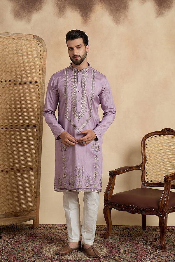 Lavender Silk Blend Solid Embroidered Straight Kurta MKU2527