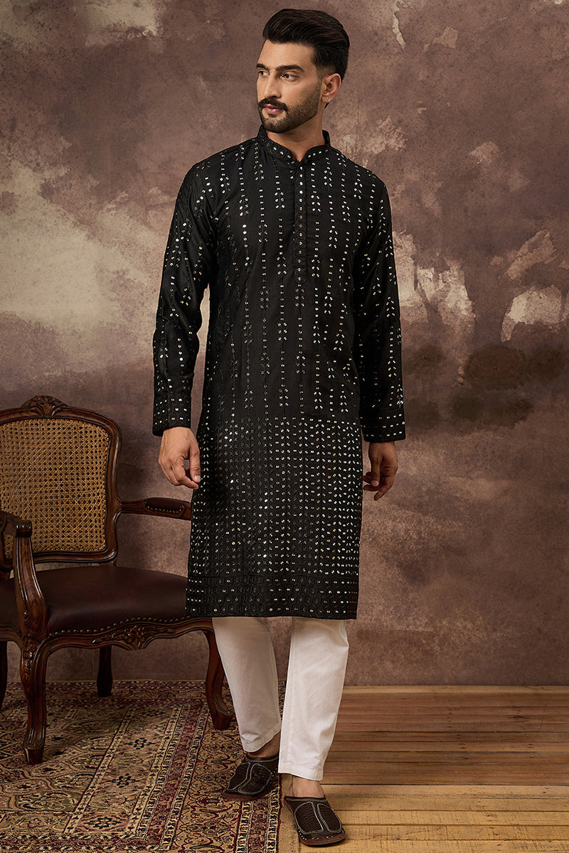 Black Silk Blend Solid Embroidered Straight Kurta With Pant Set MKSET1360