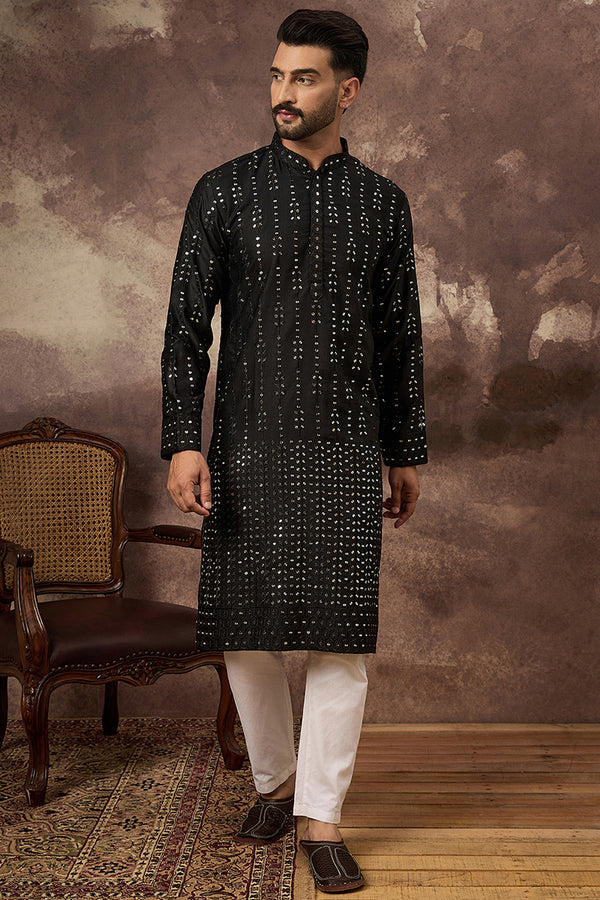 Black Silk Blend Solid Embroidered Straight Kurta With Pant Set MKSET1360