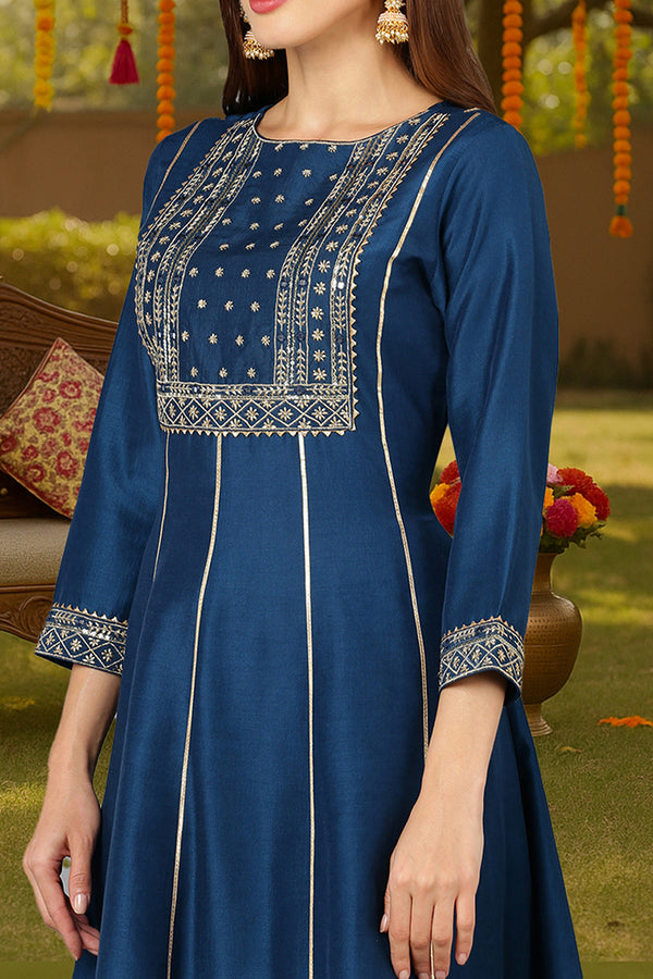 Teal Silk Blend Ethnic Motifs Anarkali Suit Set PKSKD1930