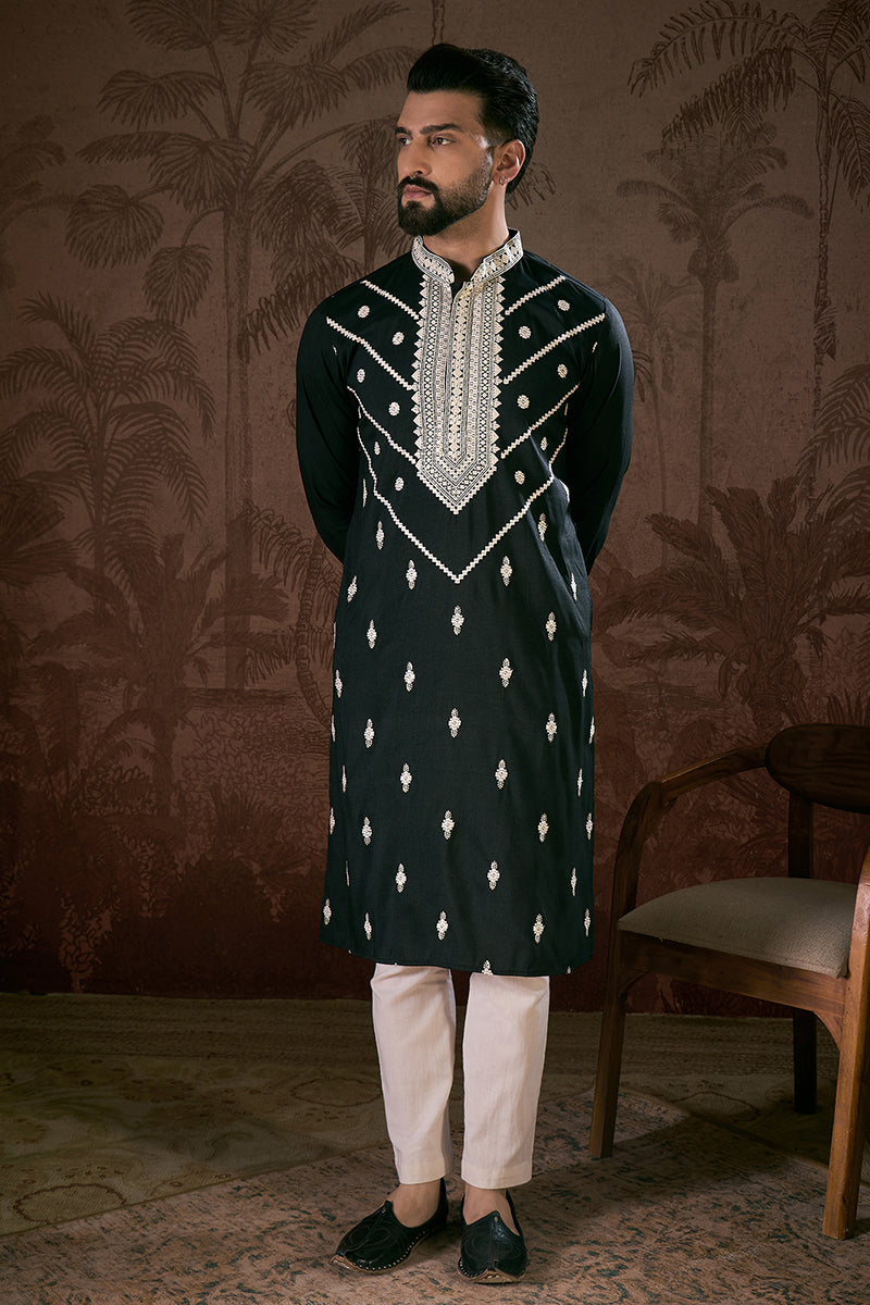 Black Silk Blend Solid Embroidered Straight Kurta With Trouser MKSET1886