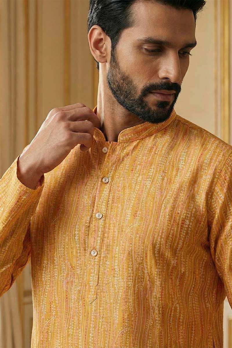 Yellow Silk Blend Printed Straight Kurta With Trousers MKSET2170