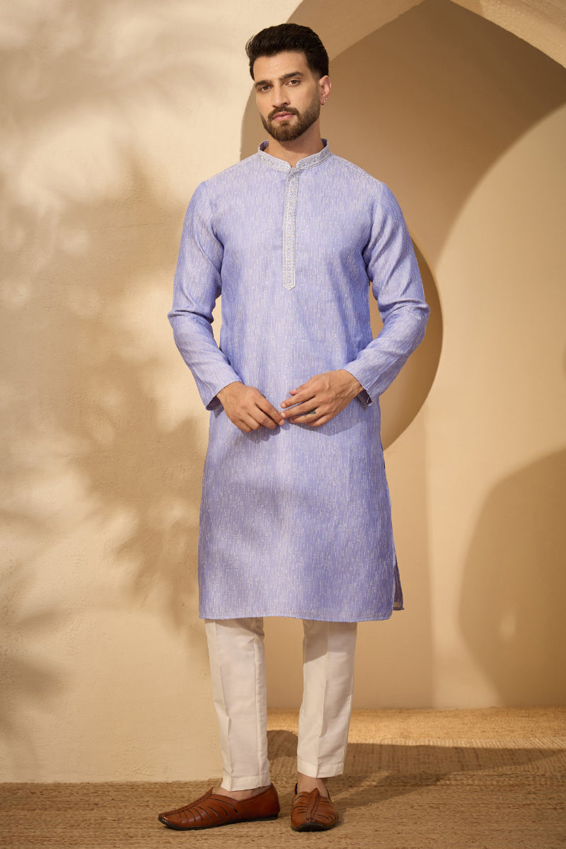 Blue Jacquard Woven Design Mandarin Collar Kurta MKU2777