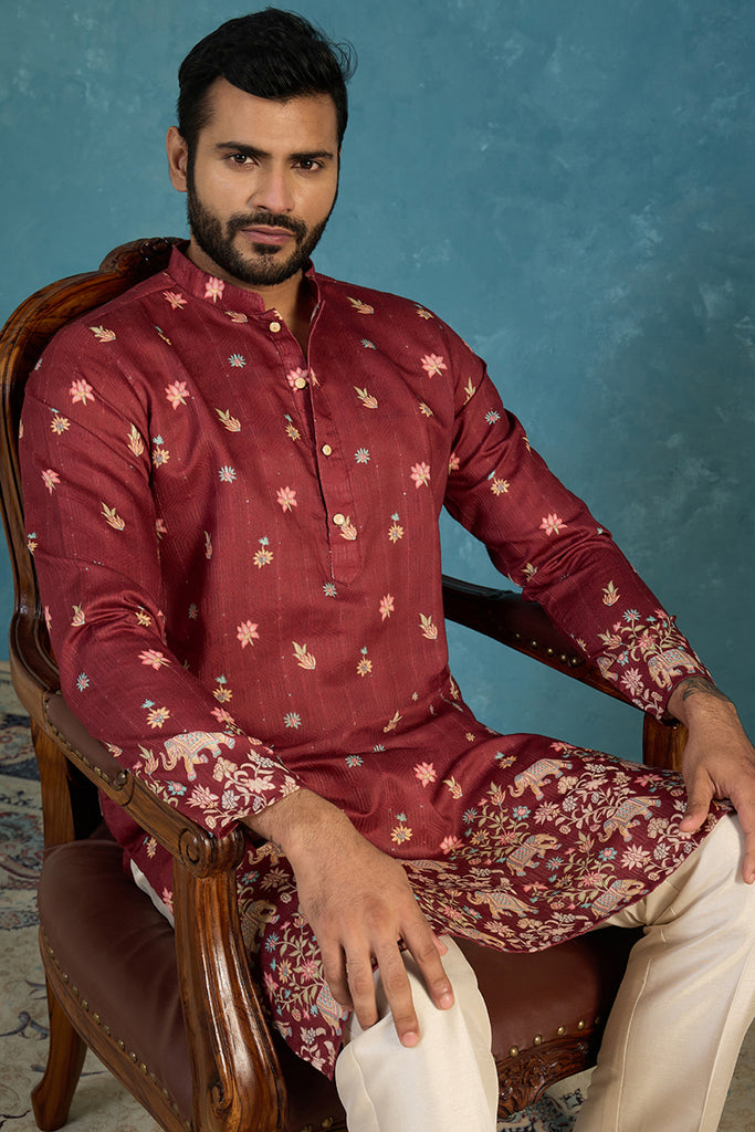Maroon Silk Blend Woven Design Calf Length Straight Regular Kurta With Trouser MKSET2368