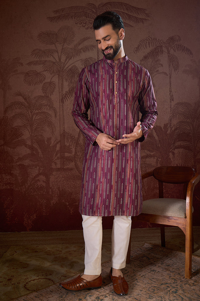 Purple Silk Blend Striped Printed Straight Kurta MKU1905