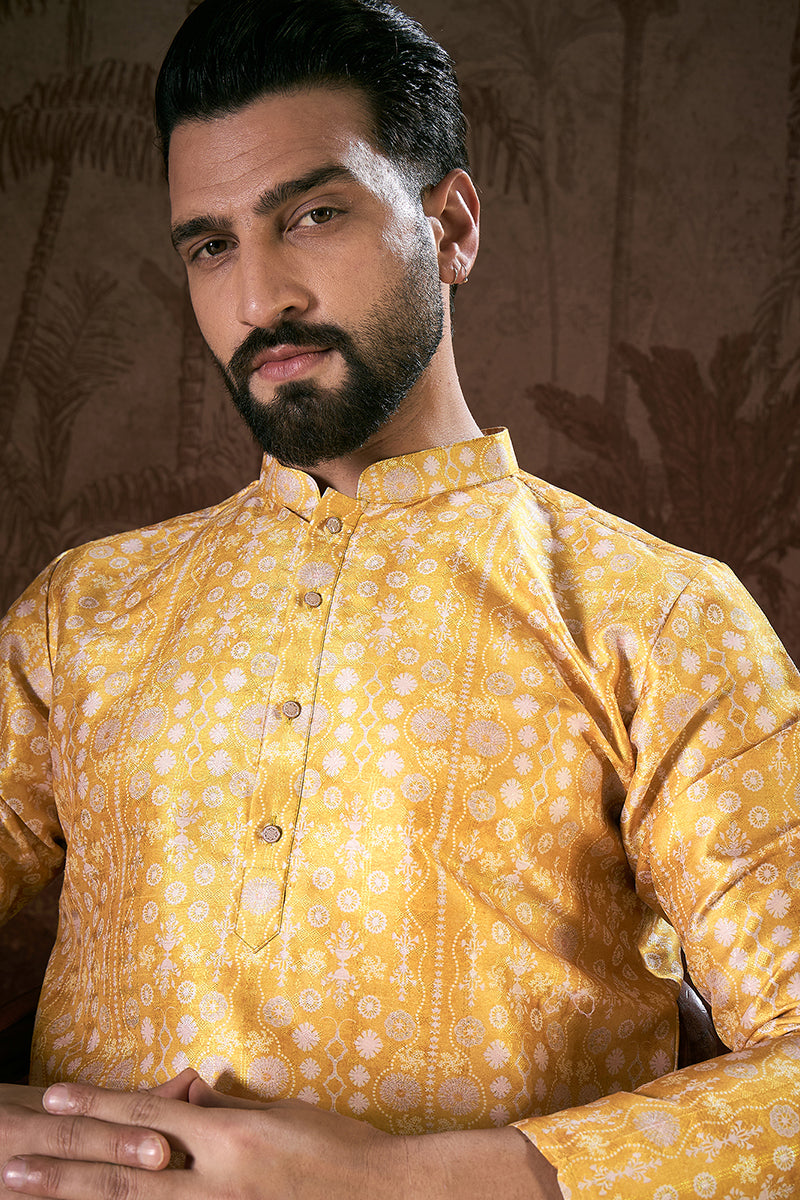 Yellow Silk Blend Floral Printed Straight Kurta With Trouser MKSET1948