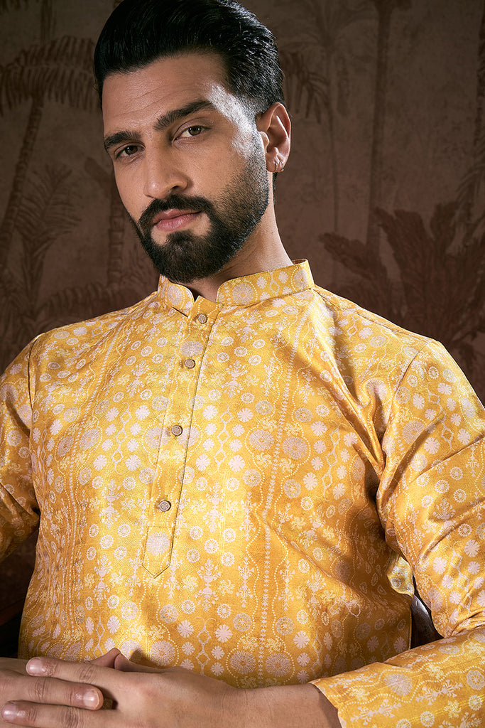 Yellow Silk Blend Floral Printed Straight Kurta With Trouser MKSET1948