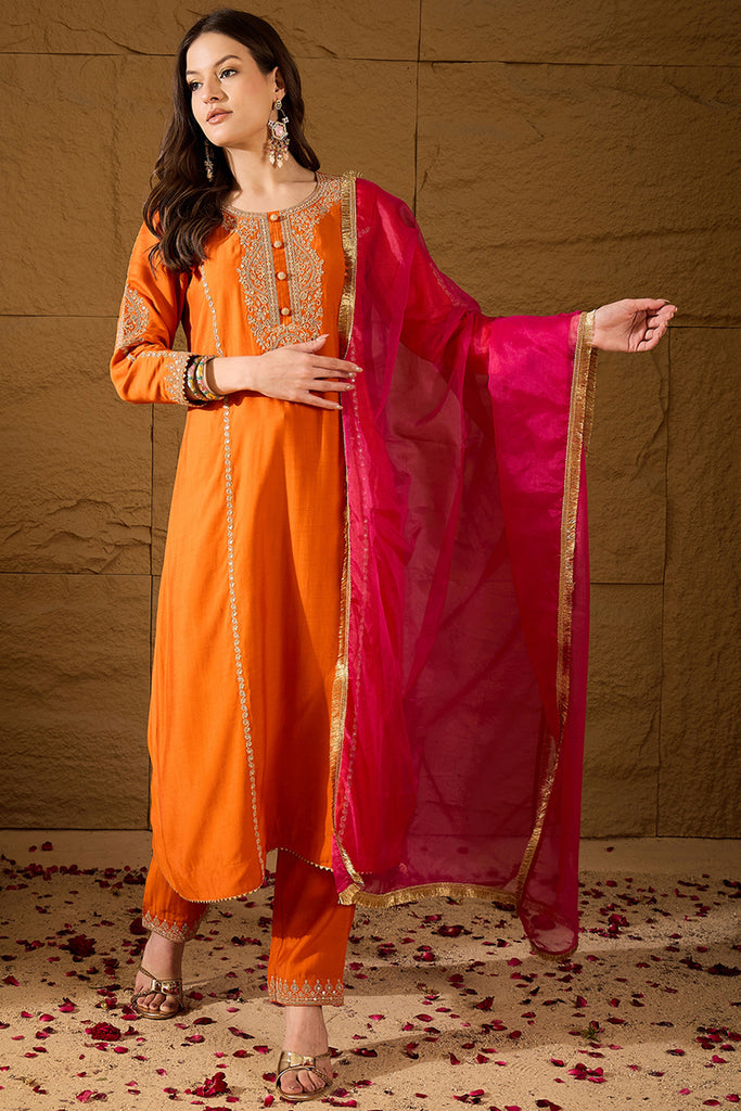 Orange Silk Blend Solid Embroidered A-Line Kurta Trouser with Dupatta PKSKD2841