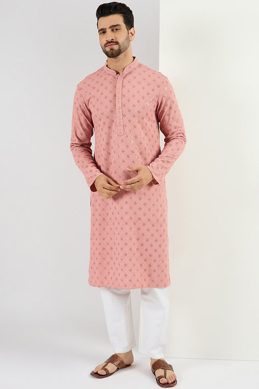 Ethnic Bay Pink Viscose Rayon Solid Embroidered Long Straight Kurta For Men MKU1060