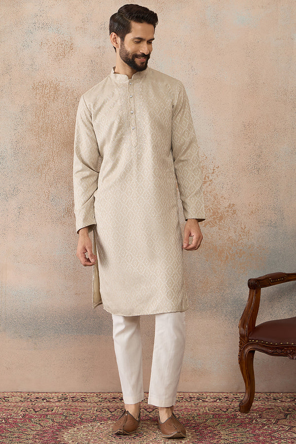 Beige Linen Blend Geometric Woven Design Kurta With Trouser MKSET2364