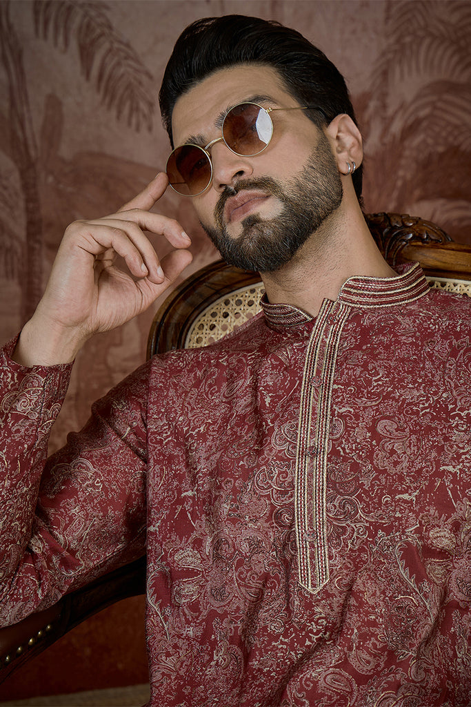 Maroon Silk Blend Floral Printed Kurta MKU2577