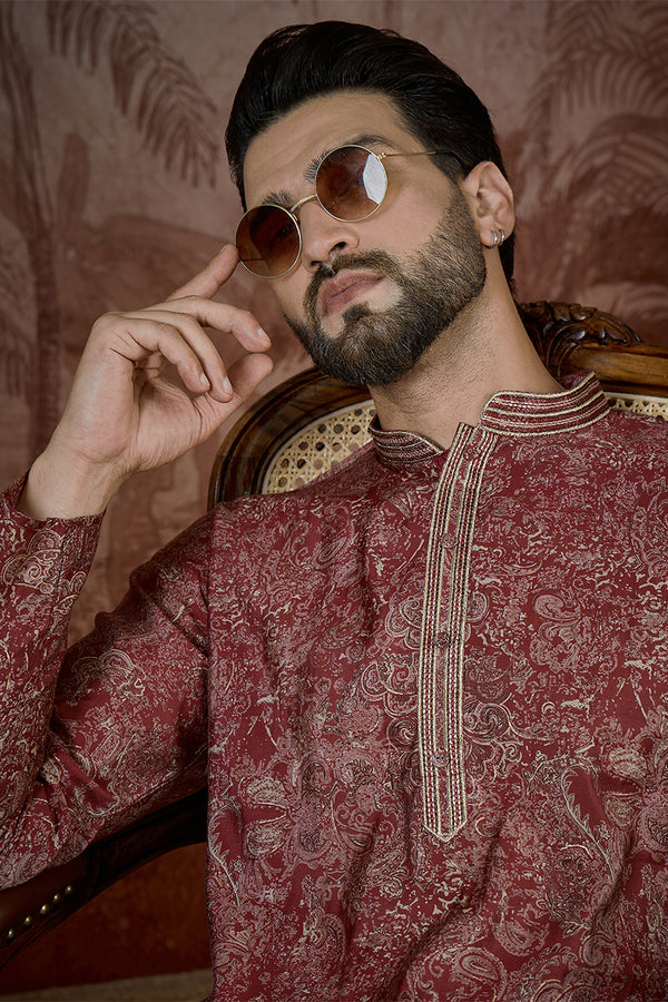 Maroon Silk Blend Floral Printed Kurta MKU2577