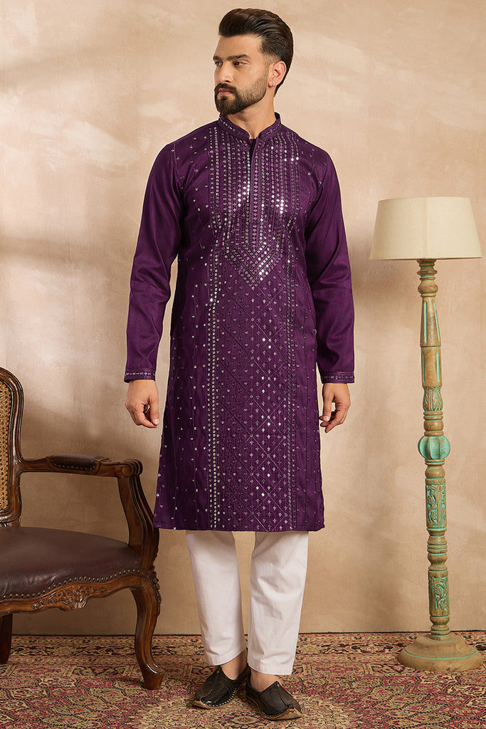 Purple Silk Blend Geometric Embroidered Straight Kurta With Trouser MKSET1687