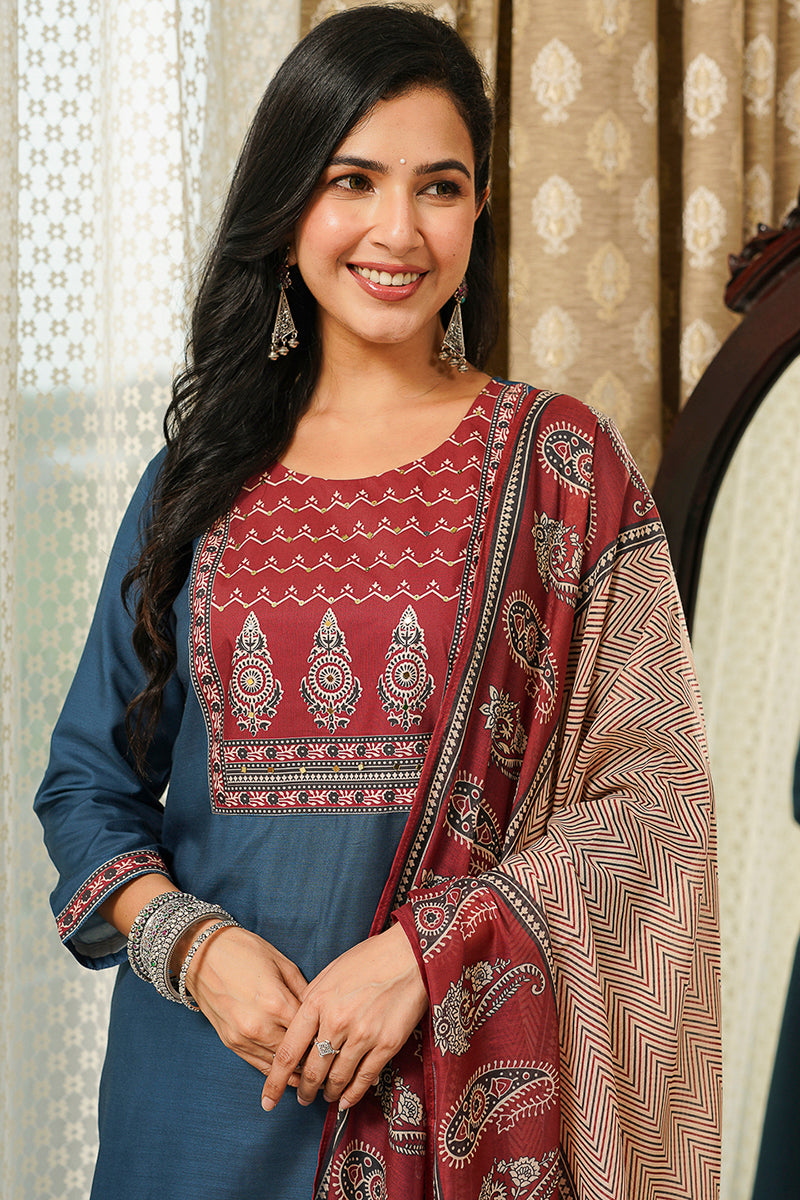 Blue Cotton Blend Ajrakh Printed Straight Kurta Trousers With Dupatta PKSKD3089