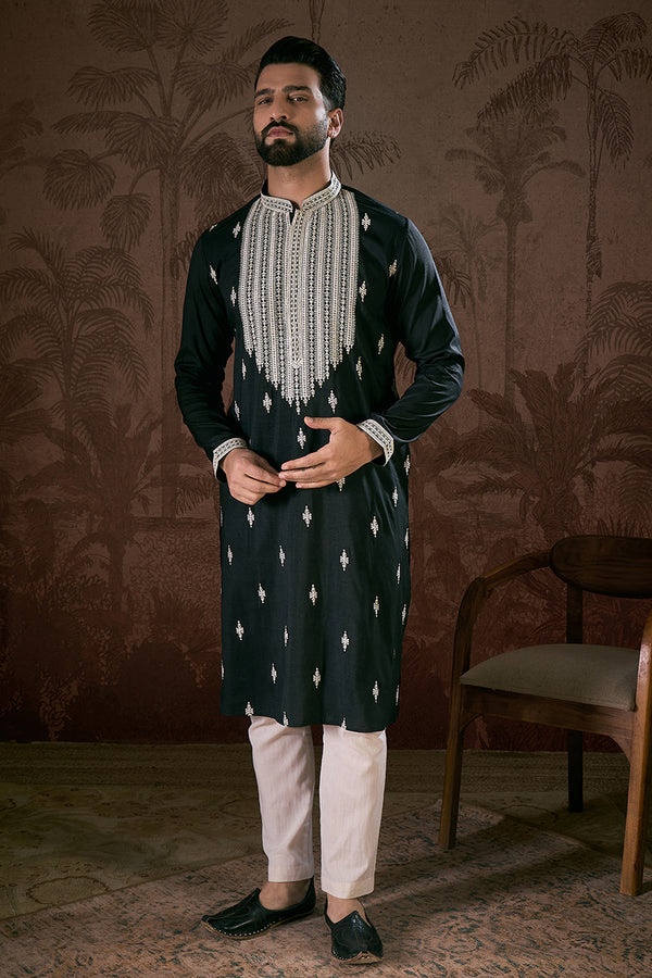 Black Silk Blend Solid Embroidered Straight Kurta With Trouser MKSET1883