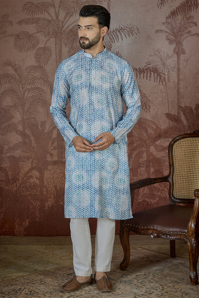 Blue Linen Ethnic Motifs Printed Regular Kurta With Trouser MKSET2434