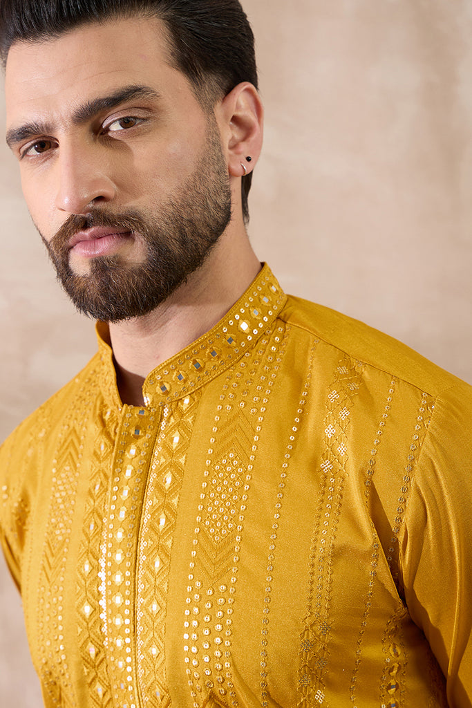Mustard Silk Blend Embroidered Mandarin Collar Straight Kurta With Trouser MKSET1888