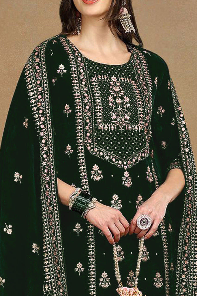 Green Velvet Ethnic Motifs Printed Straight Suit Set PKSKD2772