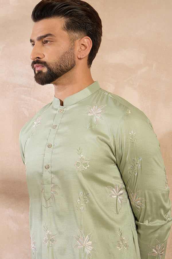 Olive Silk Blend Solid Embroidered Straight Kurta MKU1682