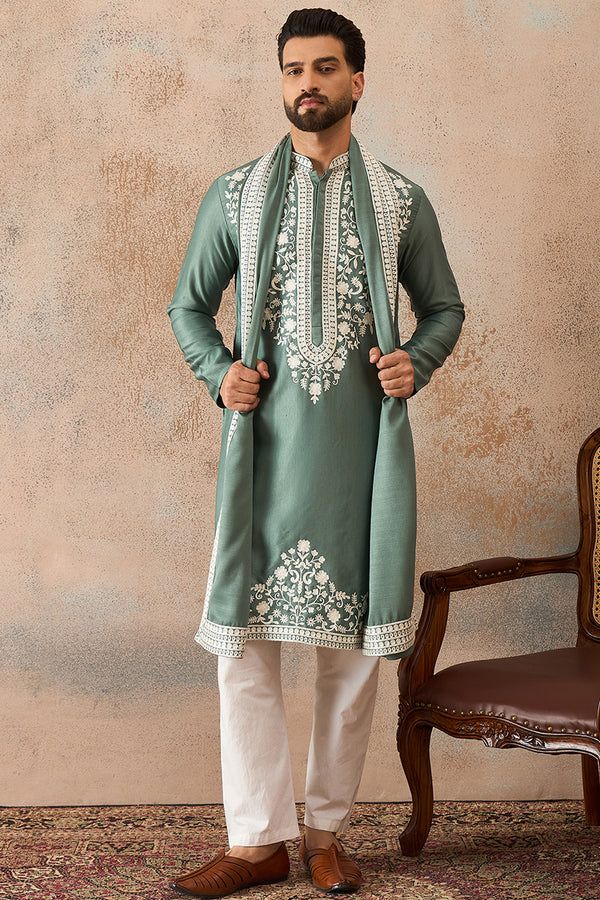 Green Silk Blend Solid Embroidered Kurta Trouser With Dupatta MKPD1040