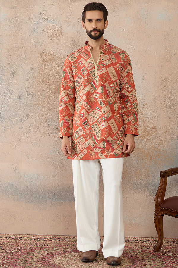 Coral Silk Blend Abstract Embroidered Kurta MKU2458