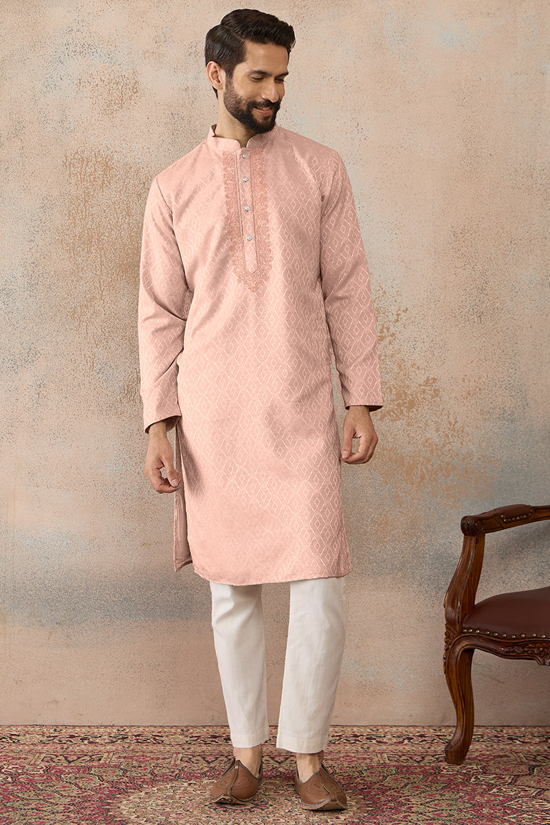 Peach Linen Blend Geometric Woven Design Kurta With Trouser MKSET2364