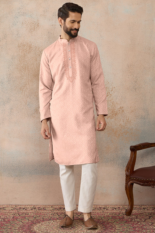 Peach Linen Blend Geometric Woven Design Kurta With Trouser MKSET2364