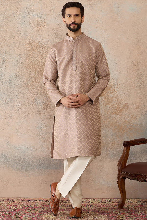 Taupe Jacquard Ethnic Motifs Embroidered Kurta With Trouser MKSET2324