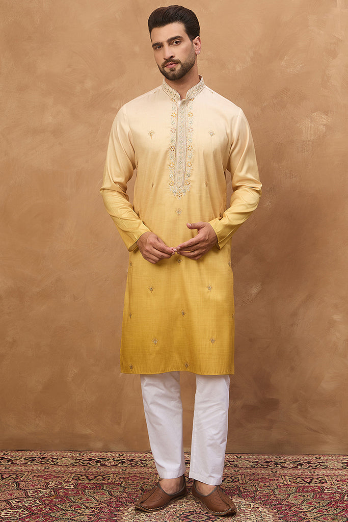 Yellow Silk Blend Solid Embroidered Straight Kurta MKU1486