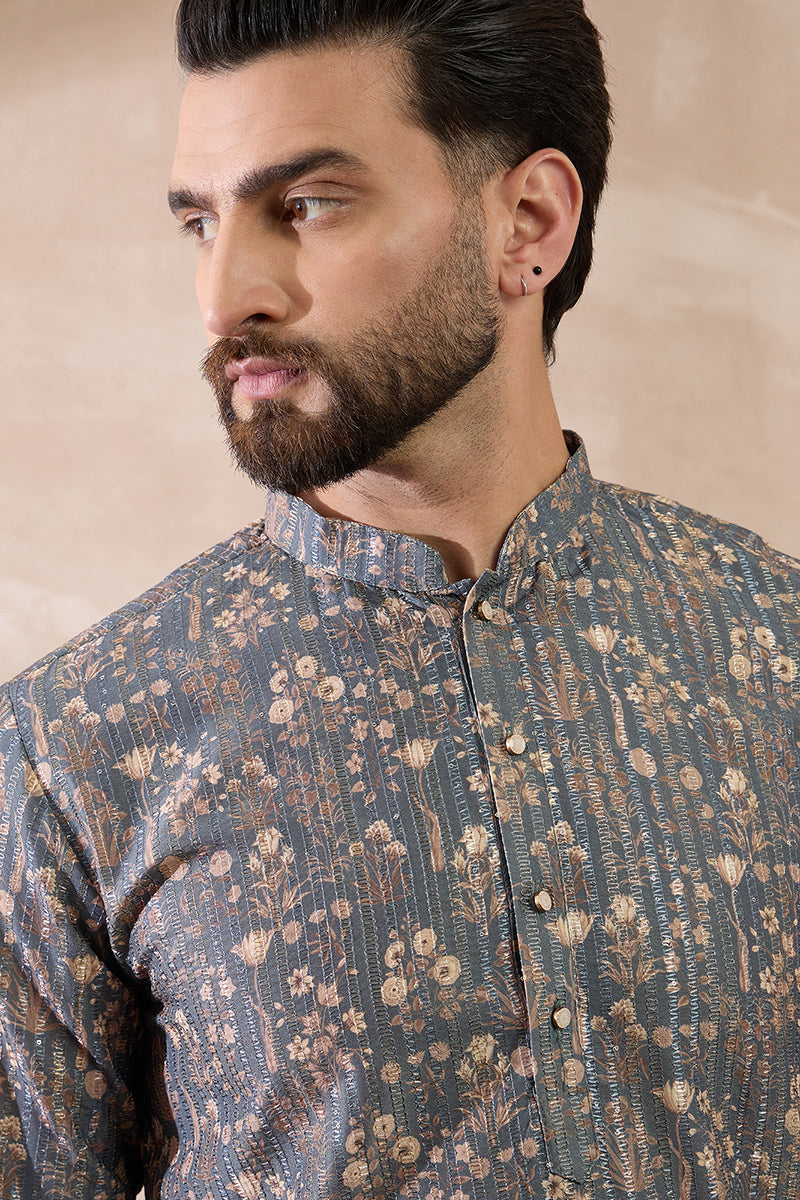 Grey Silk Blend Printed Mandarin Collar Straight Kurta MKU1931