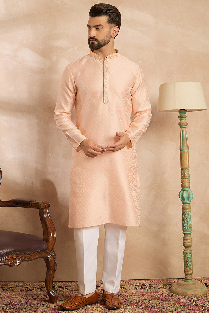 Peach Polyester Solid Embroidered Straight Kurta With Trouser MKSET1836