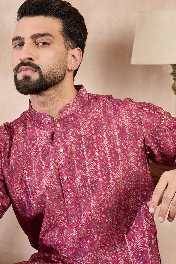 Pink Silk Blend Ethnic Motifs Printed Straight Kurta MKU1997