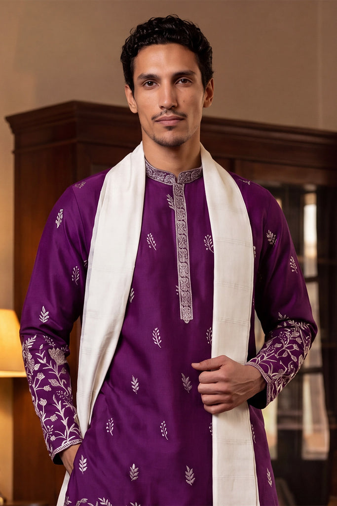 Purple Silk Blend Solid Embroidered Straight Kurta Trouser with Dupatta MKPD1944