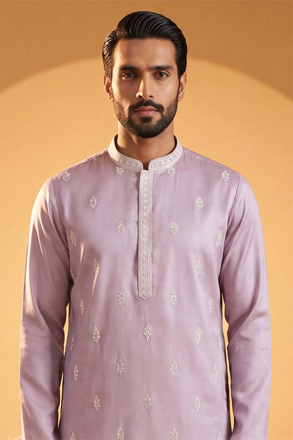 Lavender Silk Blend Solid Embroidered Kurta With Trousers MKSET2269