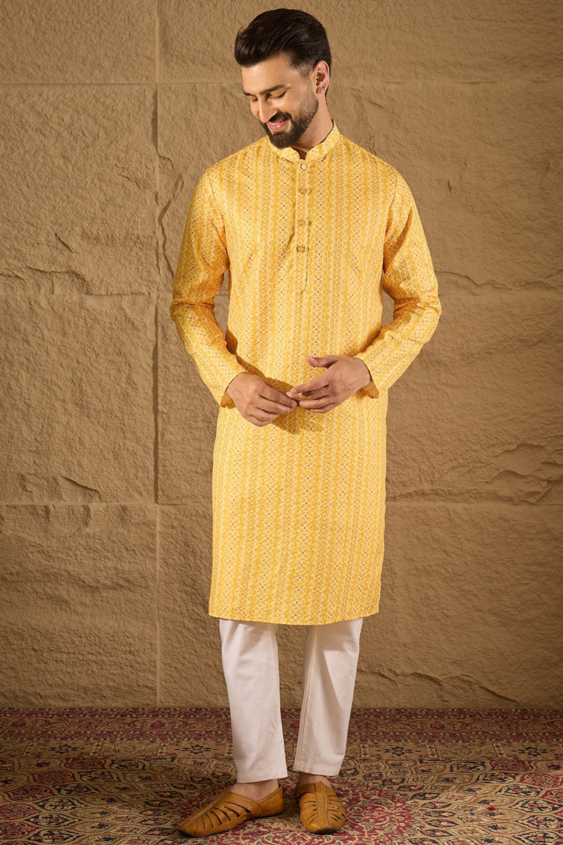 Yellow Silk Blend Geometric Embroidered Straight Kurta with Trouser MKSET1313