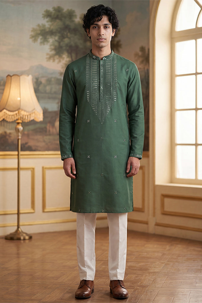 Green Silk Blend Solid Emboidered Sequins Kurta With Trouser MKSET2279