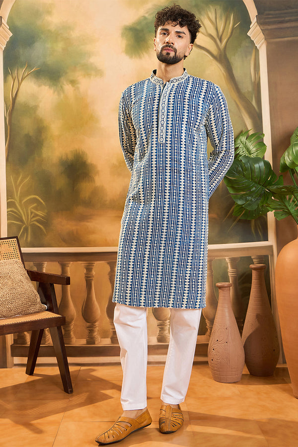 Blue Viscose Rayon Embroidered Kurta With Trousers MKSET1412