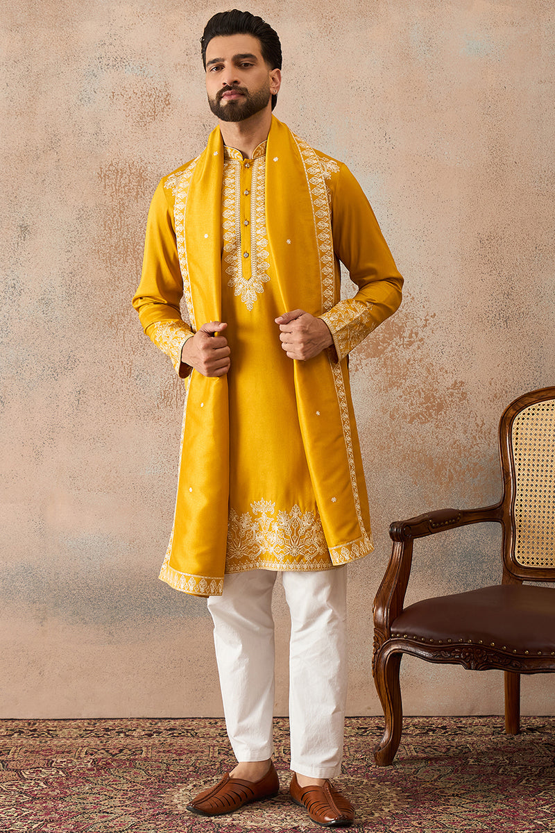 Yellow Silk Blend Solid Embroidered Kurta With Dupatta MKUD1010
